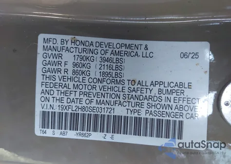 2025 Honda Civic Sedan Sport z USA, uszkodzony, nr VIN 19XFL2H80SE031721